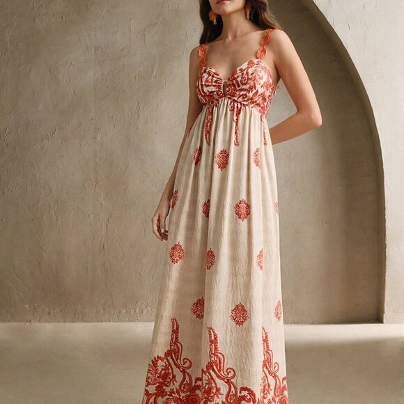 Burnt Orange Boho Women's V-Neck Contrast Print Beach Dress - Picture 4 of 6